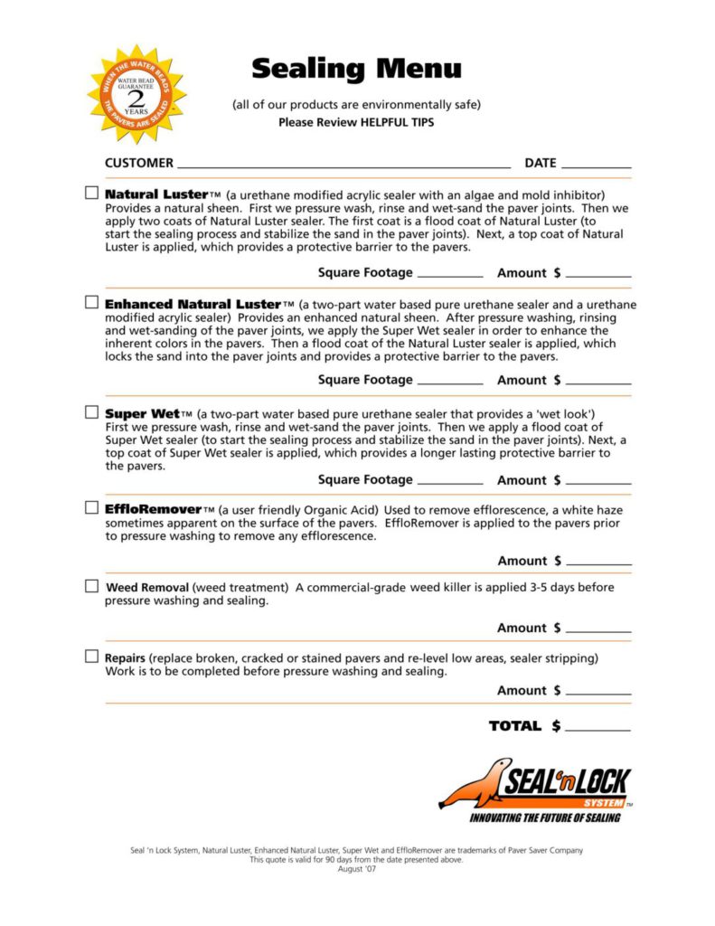 Cover of the Seal 'n Lock sealing menu, a printed quoting form with checkboxes and square footage fields