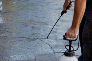 Contractor spraying sealer onto concrete with a hand pump sprayer