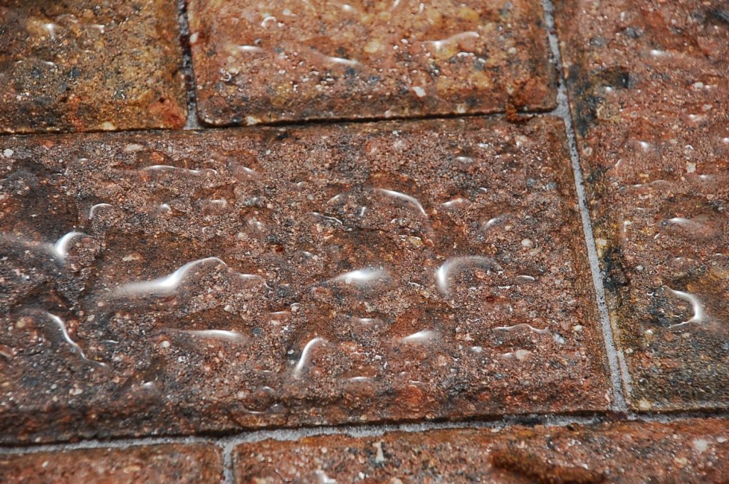 Water beading on a sealed brick paver, shown close up