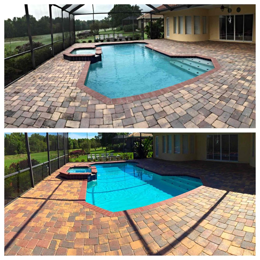 Paver deck before and after tinting, shown as a stacked comparison