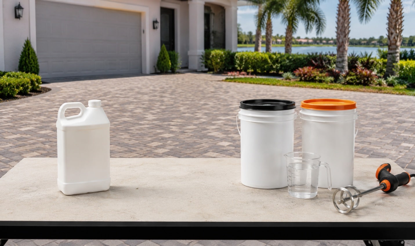 A single-component sealer jug beside a two-part sealer kit, measuring cup and mixing paddle on a paver driveway