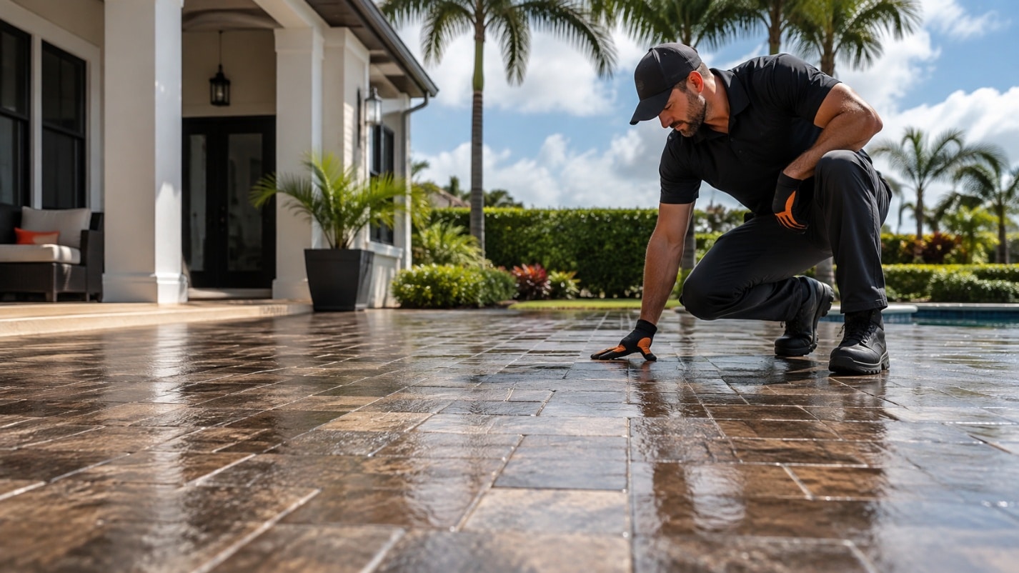 Contractor checking the gloss of a freshly sealed paver patio beside a pool