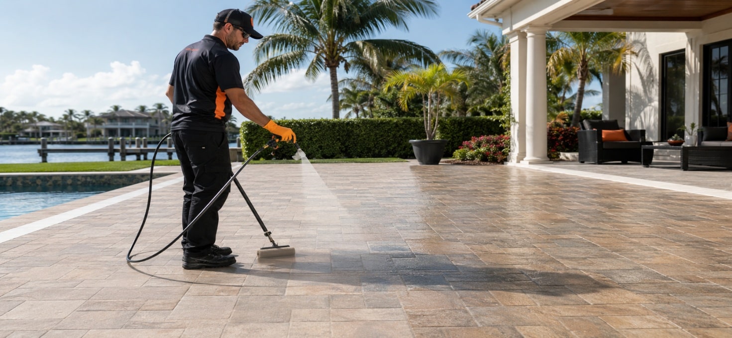 Contractor applying paver sealer with a spray wand and roller on a pool-deck patio