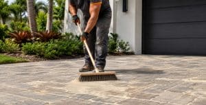Contractor sweeping joint sand into paver joints with a push broom on a driveway