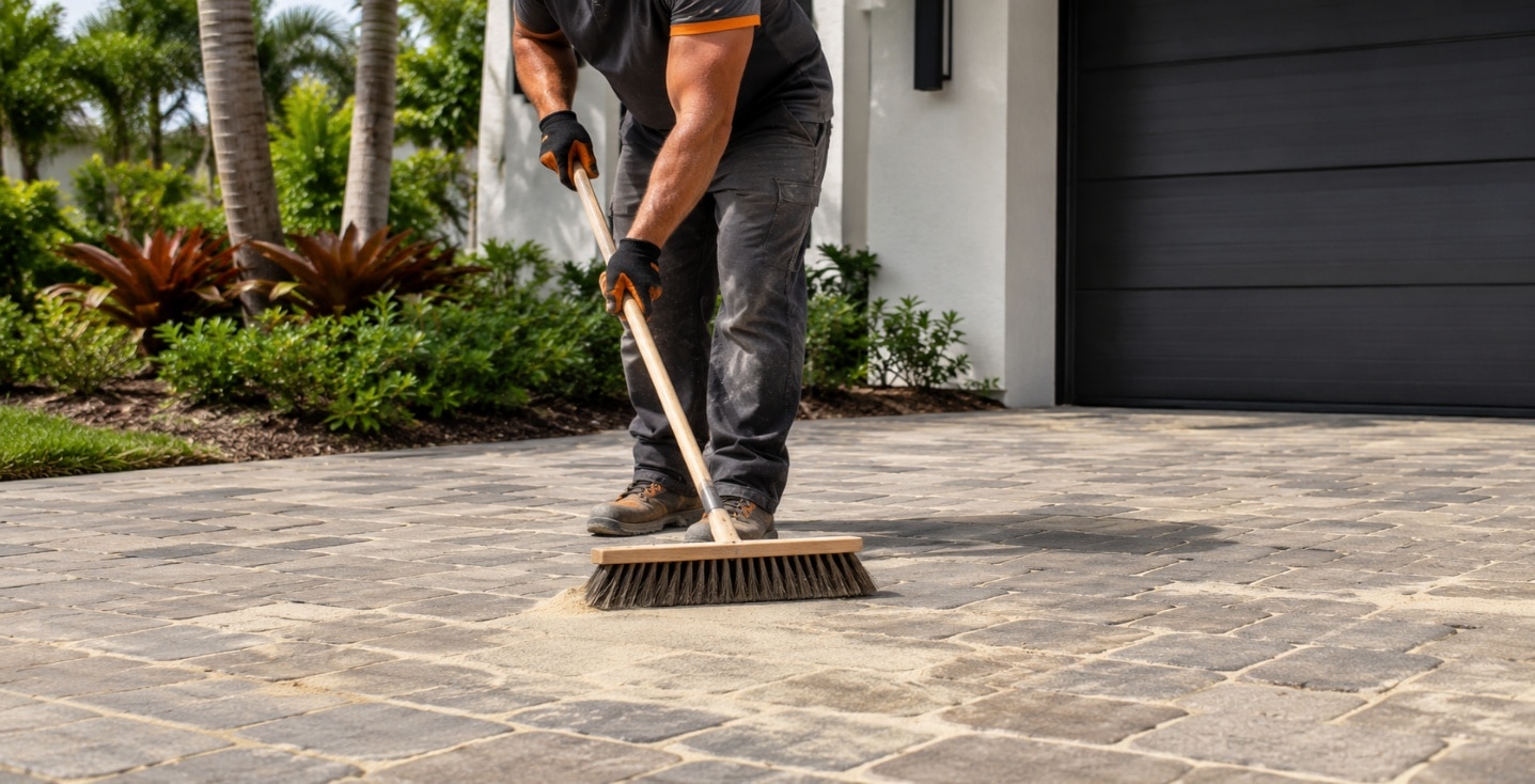 Contractor sweeping joint sand into paver joints with a push broom on a driveway