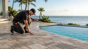 Contractor inspecting travertine pavers on a pool deck overlooking the ocean