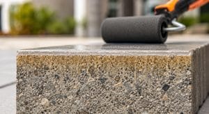 Cross section of a concrete paver showing sealer soaking into the pores beneath a foam roller