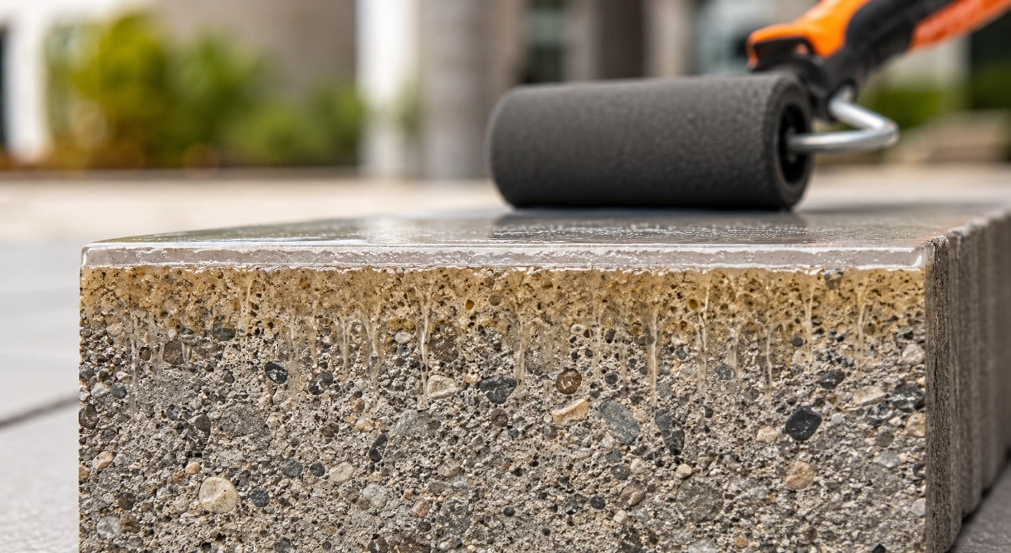 Cross section of a concrete paver showing sealer soaking into the pores beneath a foam roller