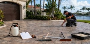 Contractor inspecting a paver driveway with a sprayer, clipboard, moisture meter, brushes and a tray of joint sand laid out
