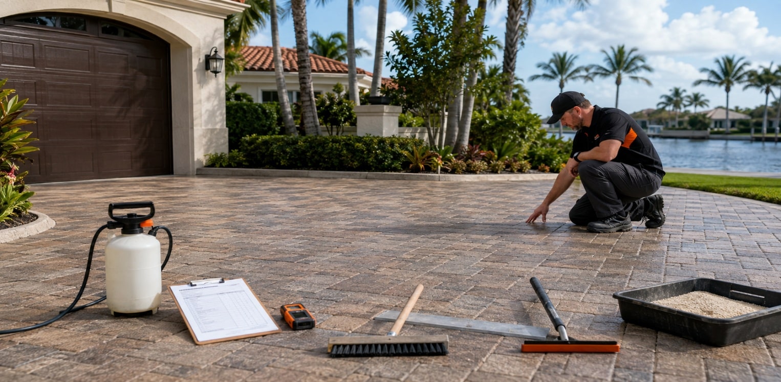 Contractor inspecting a paver driveway with a sprayer, clipboard, moisture meter, brushes and a tray of joint sand laid out