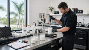 Technician in safety glasses testing a batch of paver sealer on a lab scale with a mixer and beakers
