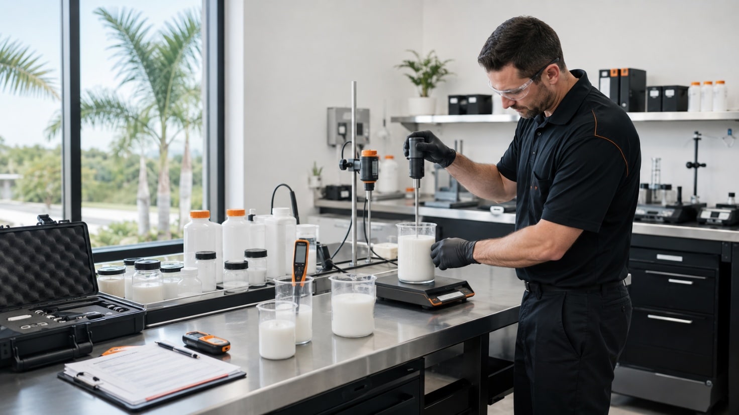 Technician in safety glasses testing a batch of paver sealer on a lab scale with a mixer and beakers