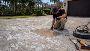 Contractor inspecting peeling, whitened sealer on a paver driveway with a surface cleaner and scraper nearby