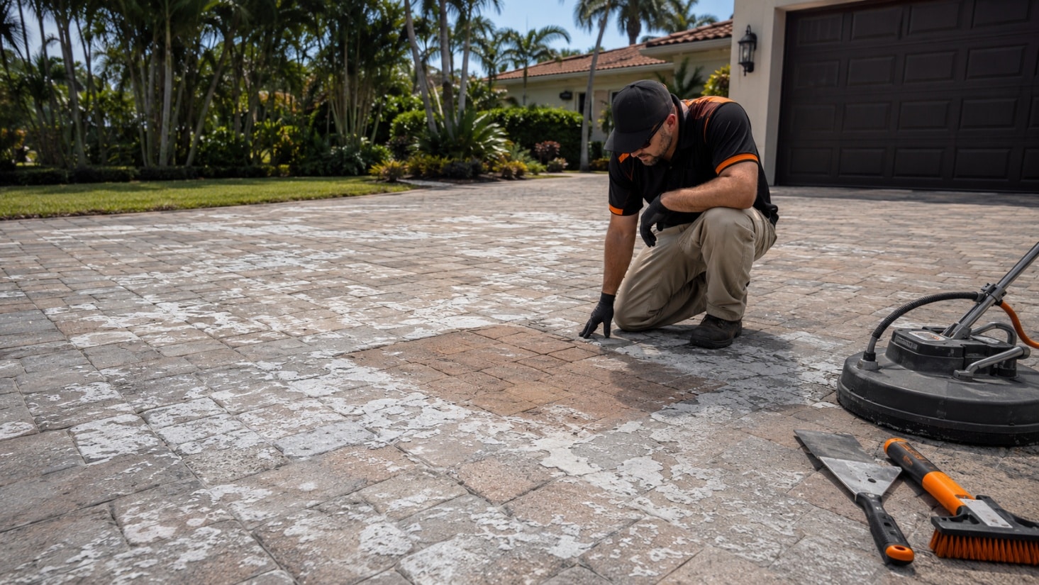 Contractor inspecting peeling, whitened sealer on a paver driveway with a surface cleaner and scraper nearby